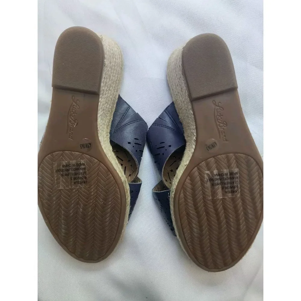 LUCKY BRAND WEDGE SANDALS WOMENS SIZE 6.5 NAVY BLUE TAN KEELA NEW LEATHER - Picture 6 of 6